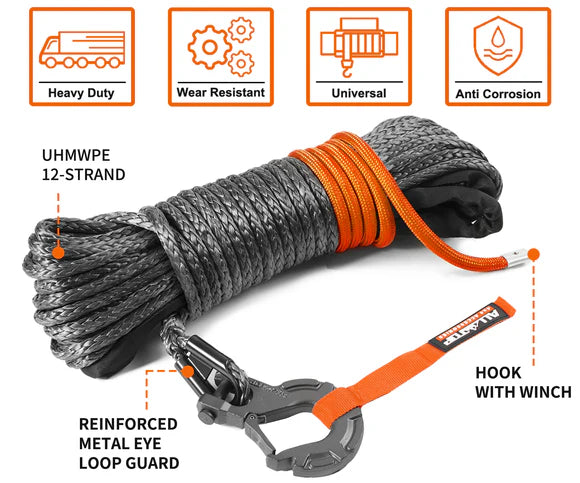Synthetic Winch Cable w/ Forged Winch Hook - 1/4in x 50ft - 9,500 Lbs
