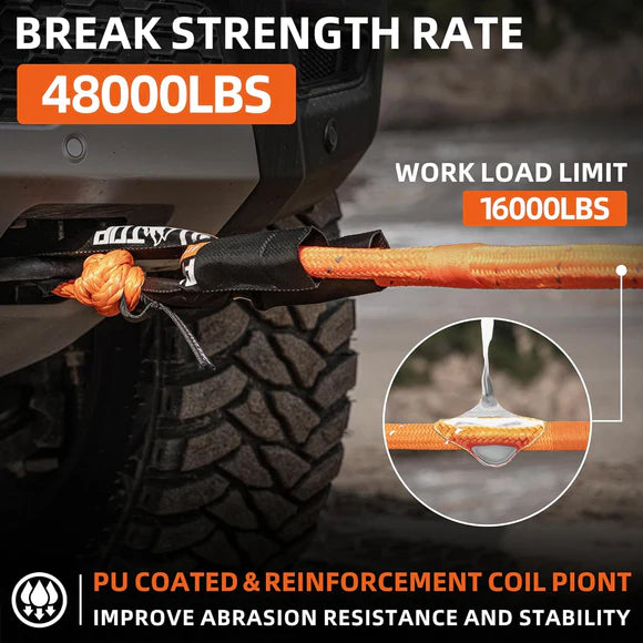 Kinetic Recovery Rope (Reflective) - 1in x 30ft - 48,000 Lbs - Orange w Shackles