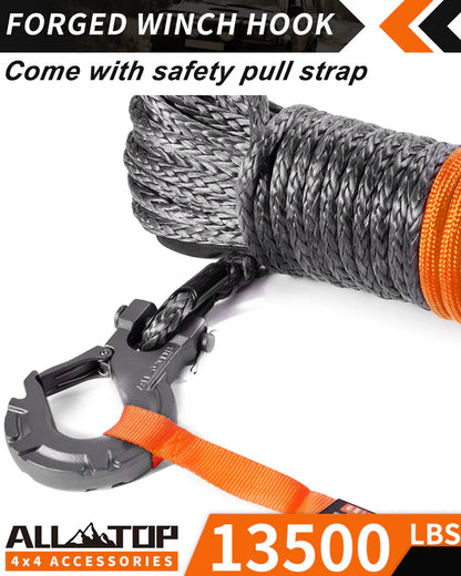 Synthetic Winch Cable w/ Forged Winch Hook - 1/4in x 50ft - 9,500 Lbs