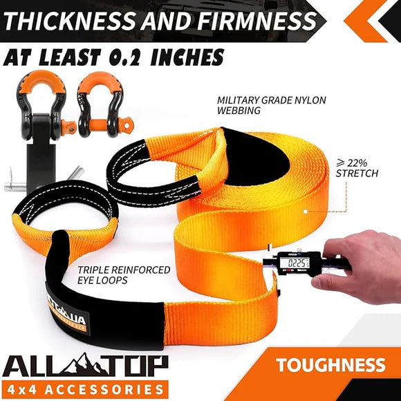 Recovery Strap Kit w/ Hitch Receiver & Shackles: Strap 3in x 20ft - 35,000 Lbs