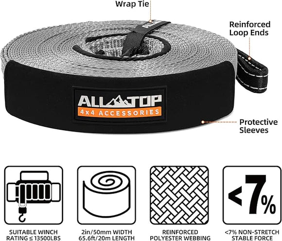 Winch Extension Strap - 2in x 65.6ft - 11,000 Lbs（Grey
